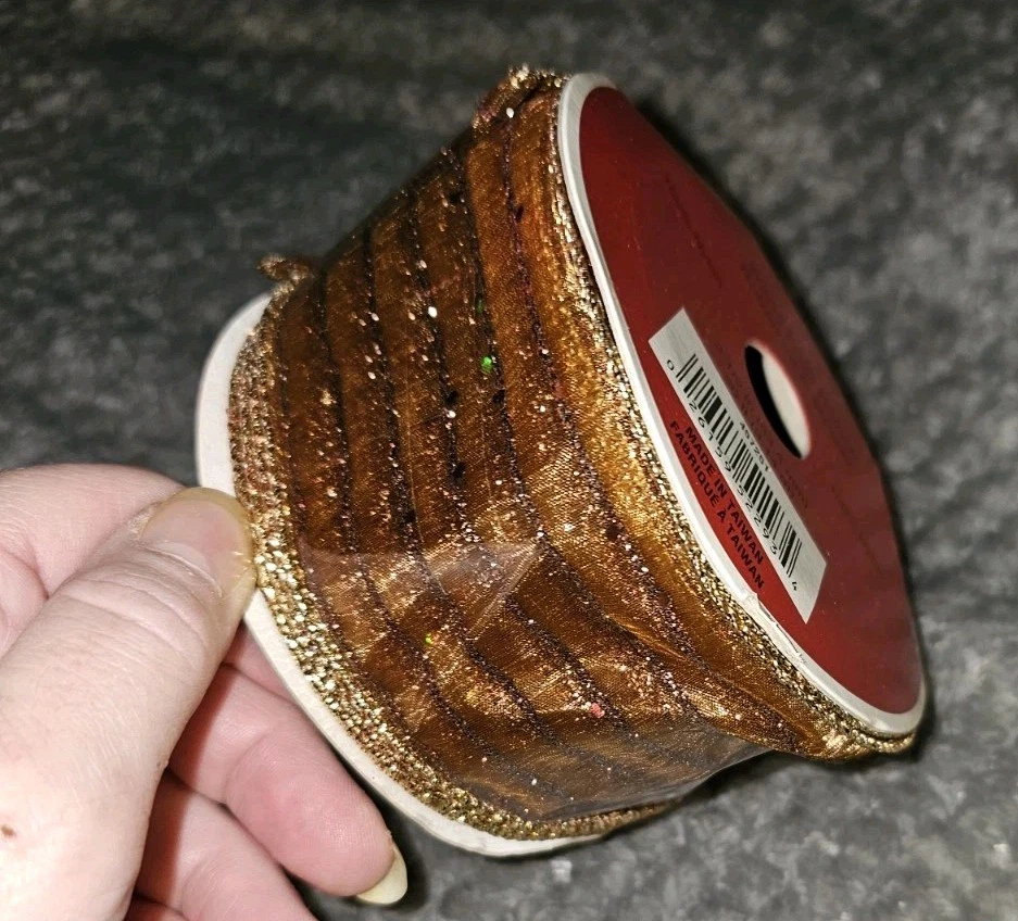 Michael's 2.5" Wired Edge Wide Ribbon Sheer Brown Striped Gold Trim 30Ft Roll - Image 3 of 4