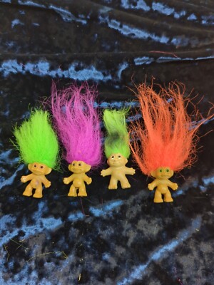 4 Vintage Early China Plastic Toy Troll Orange, Green , Pink Hair Mini Vending 