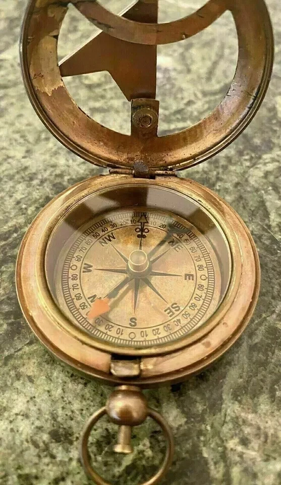 Reloj de Sol Antiguo Bolsillo Brújula Vintage Nuevo Pulsador Completo Latón 2" Foto 2 de 4