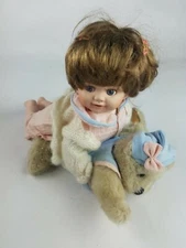 Vintage Geppeddo Porcelain Doll W/ Teddy Bear Girl Brown Hair 12" RARE
