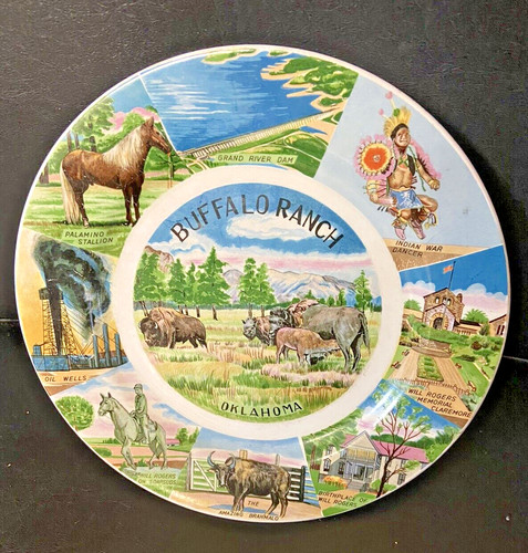 BUFFALO RANCH OKLAHOMA Horse Souvenir Plate Will Rogers Grand River, Made Japan