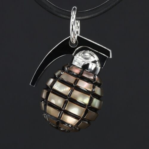 Grenade hand carve Tahitian pearl 13.5mm, Grenade Silver Pendant, Army Necklace. - Picture 2 of 8