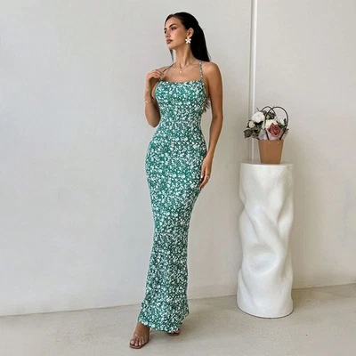 2026 Green Floral Digital Print Fishtail Sling Dress Sleeveless Backless Long - Image 1 of 4