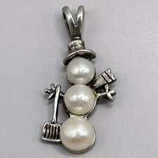 Snowman Pendant Signed Sterling Silver Pearls Snow Winter Wearing Scarf  Shovel