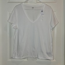 GAP New White V-Neck Short-Sleeve Ladies T-Shirt Women's Large Top 100 Cotton