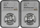 1963 P + D 50C Silver Franklin Half Dollar NGC MS 64 White Two Coin Lot