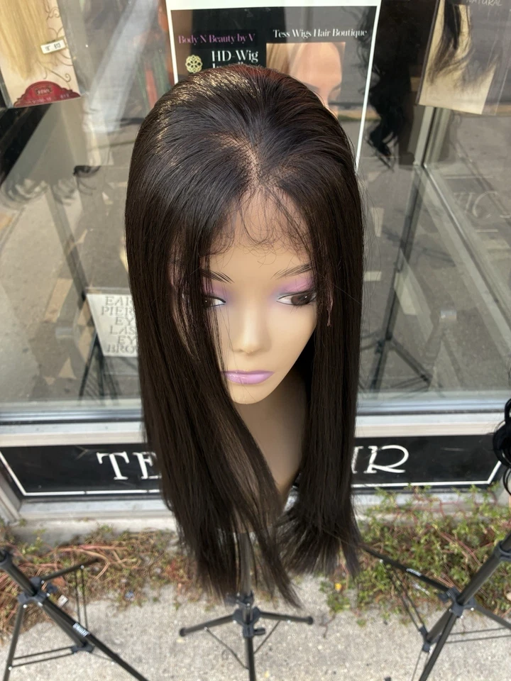 Peluca larga marrón, encaje completo a mano, cosida, mezcla de cabello humano Foto 3 de 4