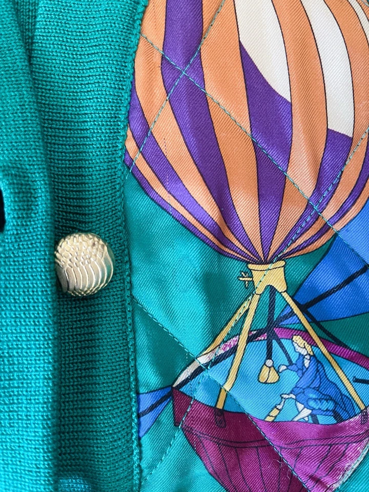VTG 90s Carlisle Silk Green Hot Air Balloon Stitched Quilt Cardigan Sz L READ* - Image 2 of 4