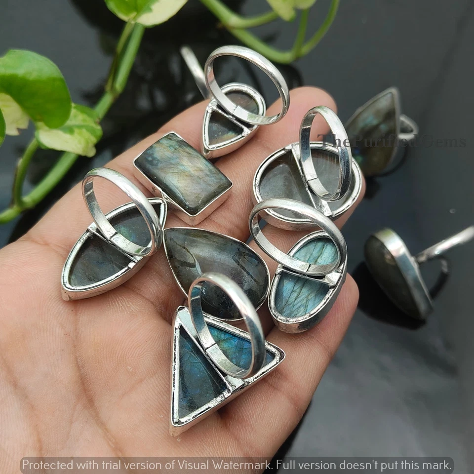 Lote de anillos surtidos de labradorita de fuego ~ anillos apilables enchapados en plata de ley 925 Foto 4 de 4