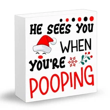 Christmas Bathroom Decor He Sees You When YouRe Pooping Sign Wooden Sign Funn...