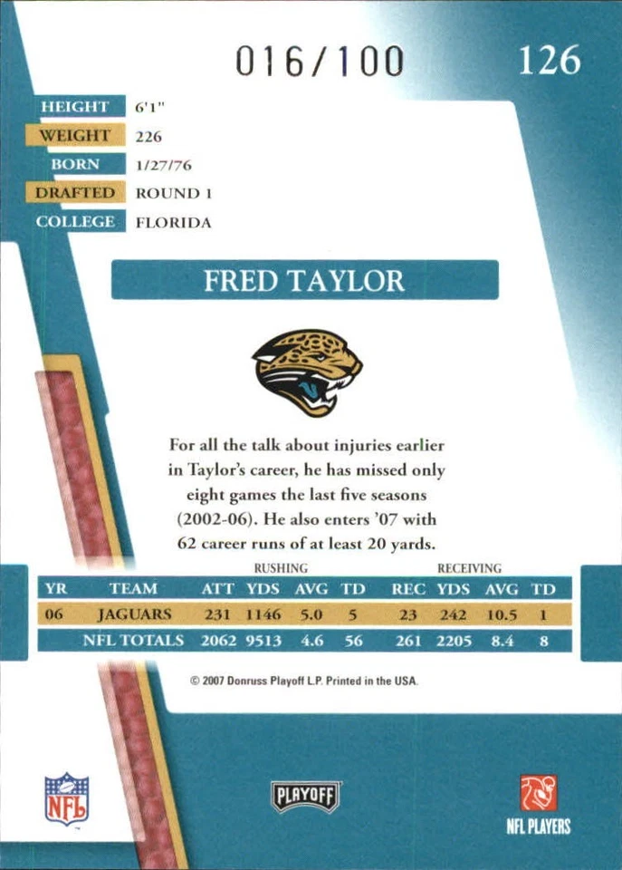 2007 Absolute Memorabilia Spectrum Silver #126 Fred Taylor /100 - FB - Image 2 of 2