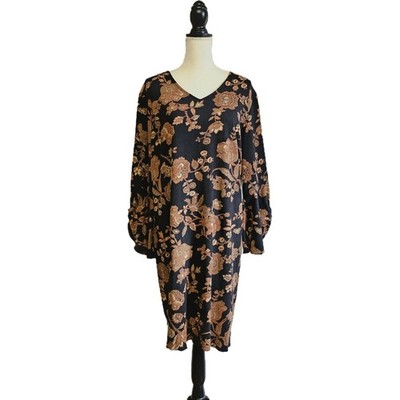 Vintage Y2K Black & Brown Floral Witchy Bell Sleeve Dress Size 18/20 Whimsigoth