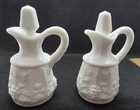 Vtg Westmoreland 2 oil and vinegar cruet set milk glass paneled grapes/leaves