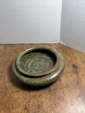 Stoneware Dish Molted Green Glaze Reddish Breaking Points Signed