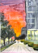 Original watercolor Cityscape city at sunset people on the street A4 Abstract