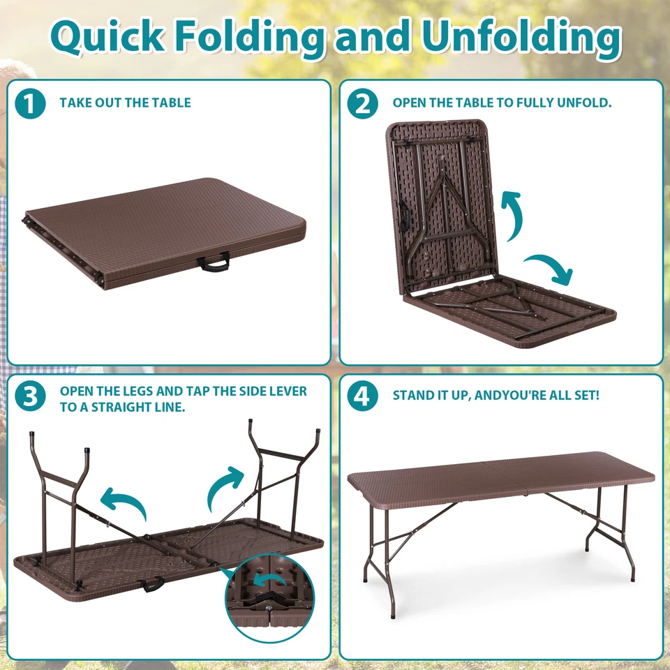 Mesa de comedor plegable de plástico de 6 pies para interiores y exteriores camping picnics Foto 3 de 4