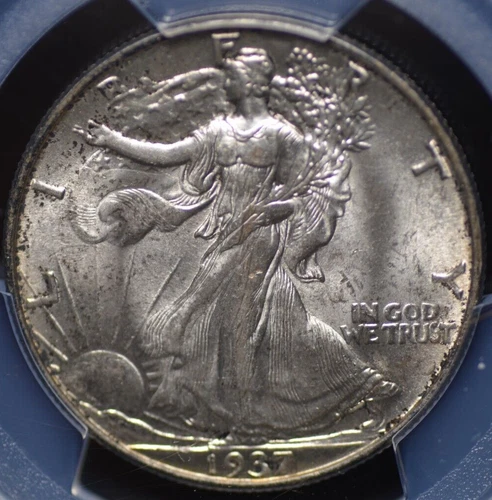 1937 WALKING LIBERTY HALF PCGS MS 64 SHIMMERY SILVER MINT BLOOM WITH FAINT