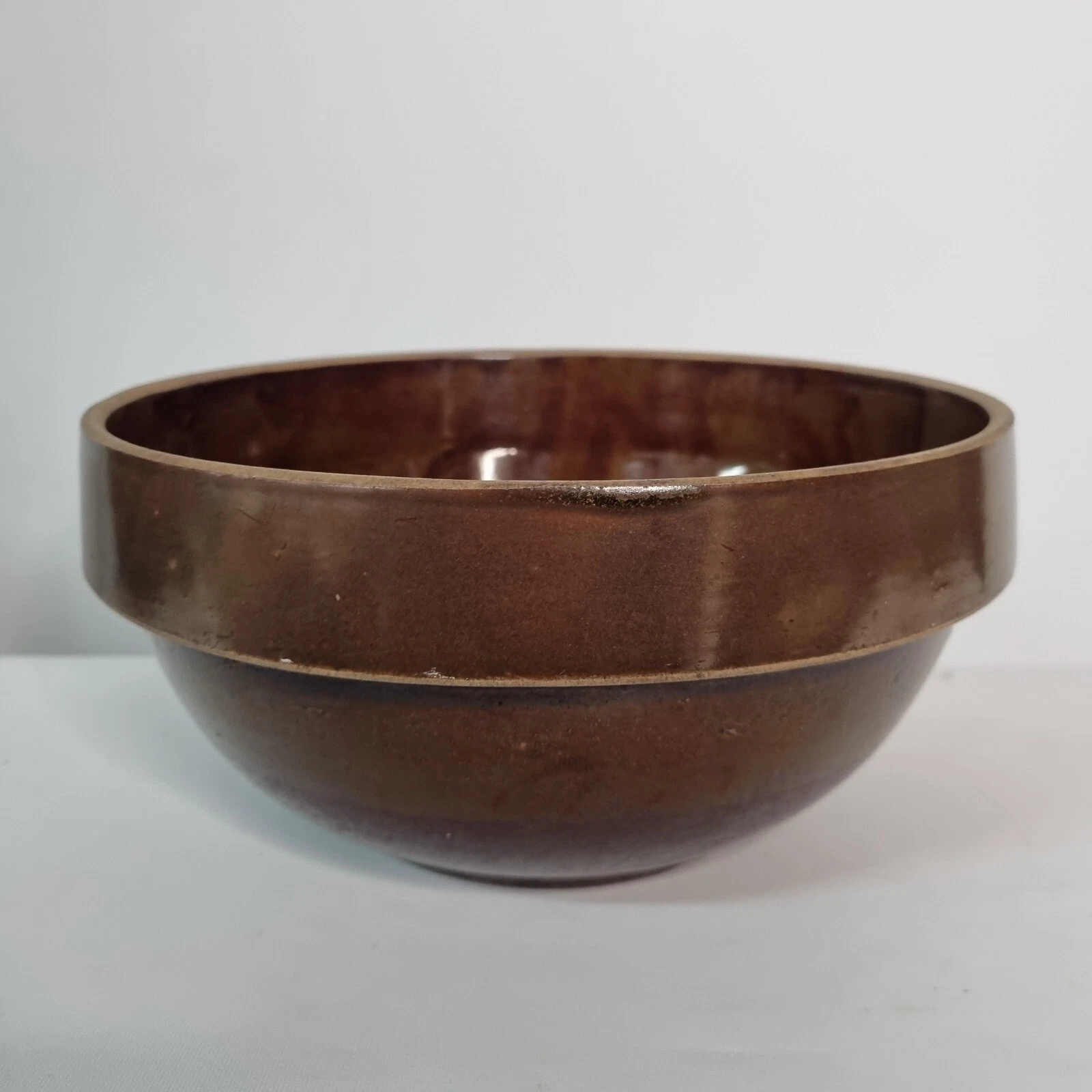 Antique Primitive Stoneware 10.5" Mixing Bowl Brown Salt Glazed Rustic Farmhouse
