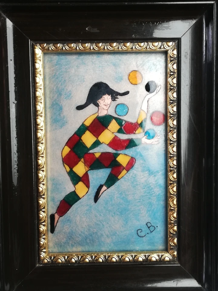 Tableau miniature Arlequin en émaux de Limoges Signé cadre en bois noirci  - Photo 2/4