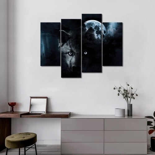 4 Panel Wall Art Black Wolf and Full Moon Painting The Picture Print On Canva... - Picture 3 of 8