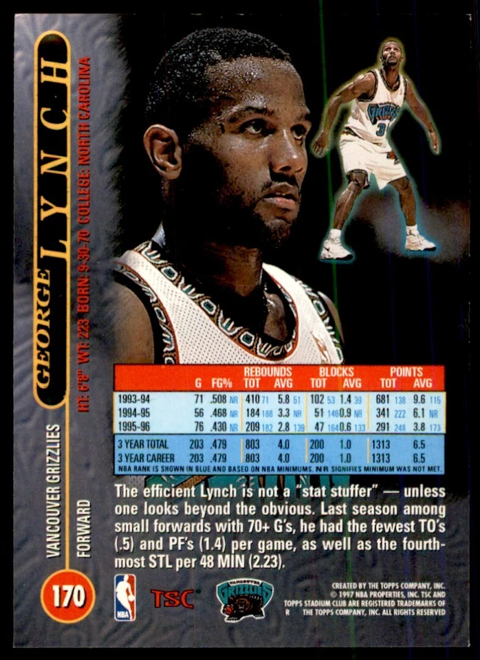 Tarjetas de baloncesto 1996-97 Stadium Club George Lynch #170 Foto 2 de 2