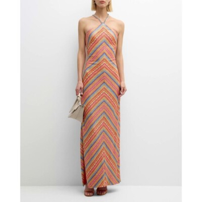 Liv Foster Dress 6 Maxi Chain-Strap Metallic Fleck Halter Chevron Stretch  Party | eBay