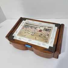 Vintage Wooden Music Box With Cut Glass Mirror Lid & Velvet Lining
