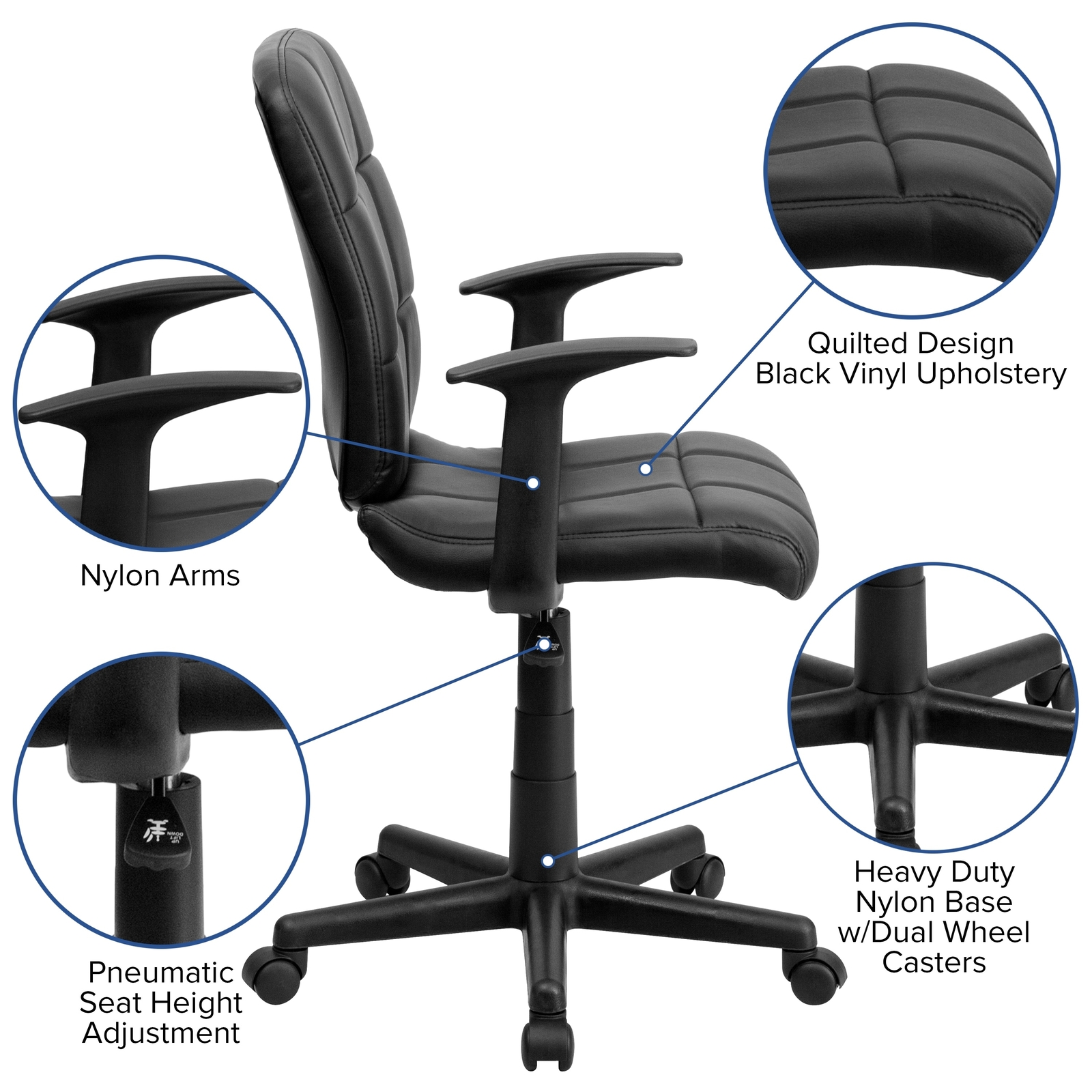 Mid-Back Quilted Vinyl Swivel Task Office Chair with Arms Pink