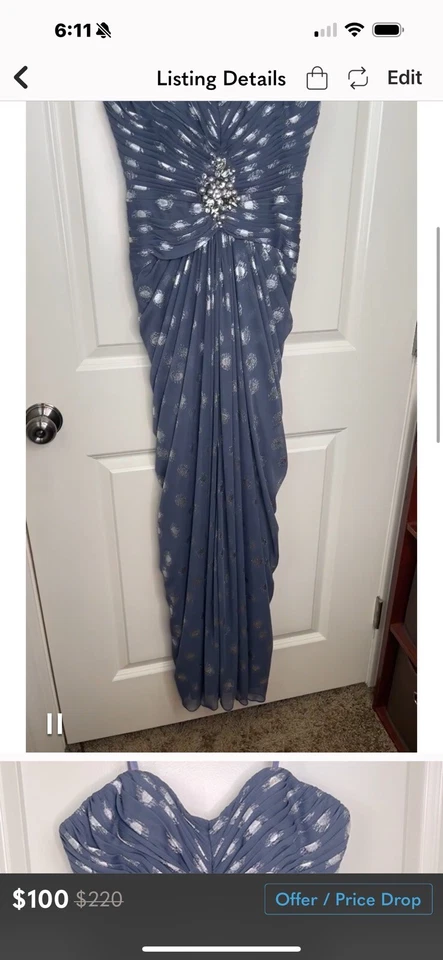 Adrianna Papell Foiled Dot Draped Mesh Gown Slate Gray Sz 2 - Image 2 of 4