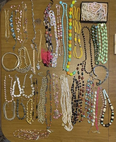HUGE Vintage-Now Costume Jewelry Lot some Gold Plated NO JUNK 50+ necklaces.