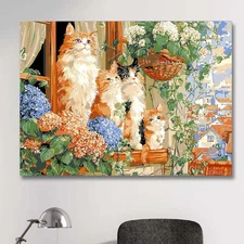 Floral Cats Digital Oil Painting,Easy DIY Drawing Paintwork for Home Wall Decor