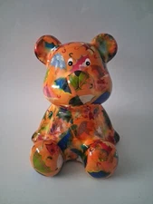 Pomme-Pidou Ceramic Bear Piggy Bank. Orange With Colorful Umbrellas 
