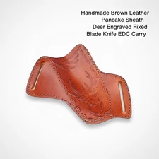 Handmade Brown Leather Pancake Sheath Deer Engraved Fixed Blade Knife EDC Carry