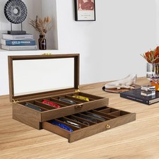 Knife Display Case 2-Tier Walnut Color Pocket Knives Watch Organizer Storage Box