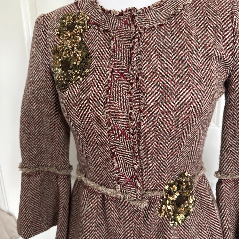 BCBG Max Azria Herringbone Tweed Sequin Floral Bell Sleeve Peplum Blazer Sz XXS - Image 3 of 4