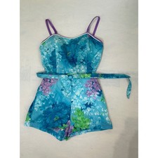 Vintage DeWeese Design Floral Romper Blue Purple Sleeveless Belted One Piece