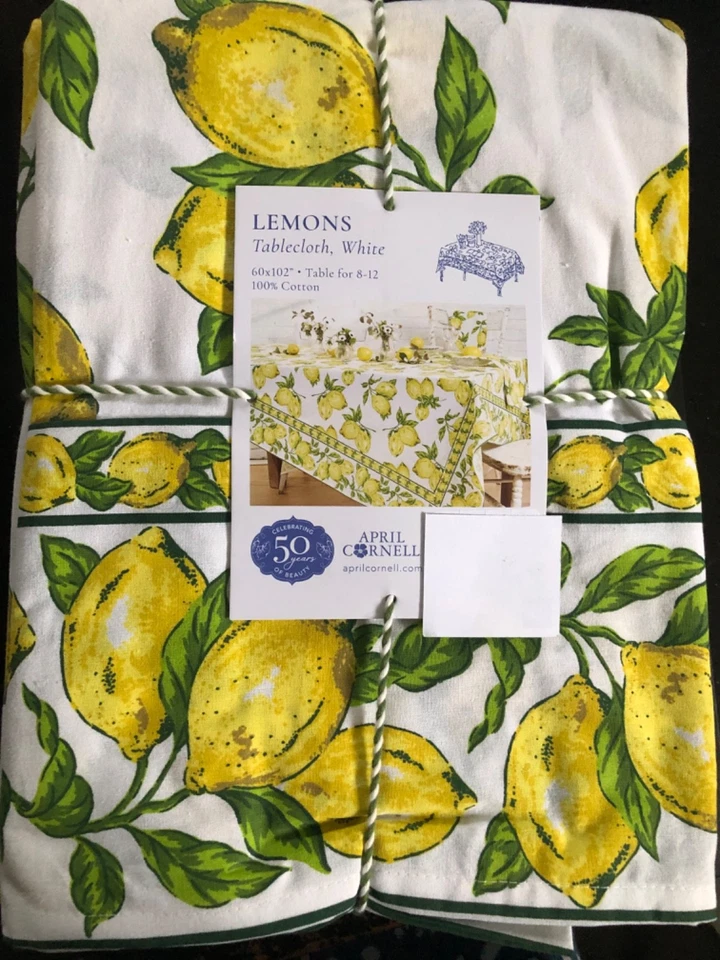 April Cornell ZITRONEN 60 x 102" gelb, grün, weiß Baumwolle Tischdecke -- Neu mit Etikett