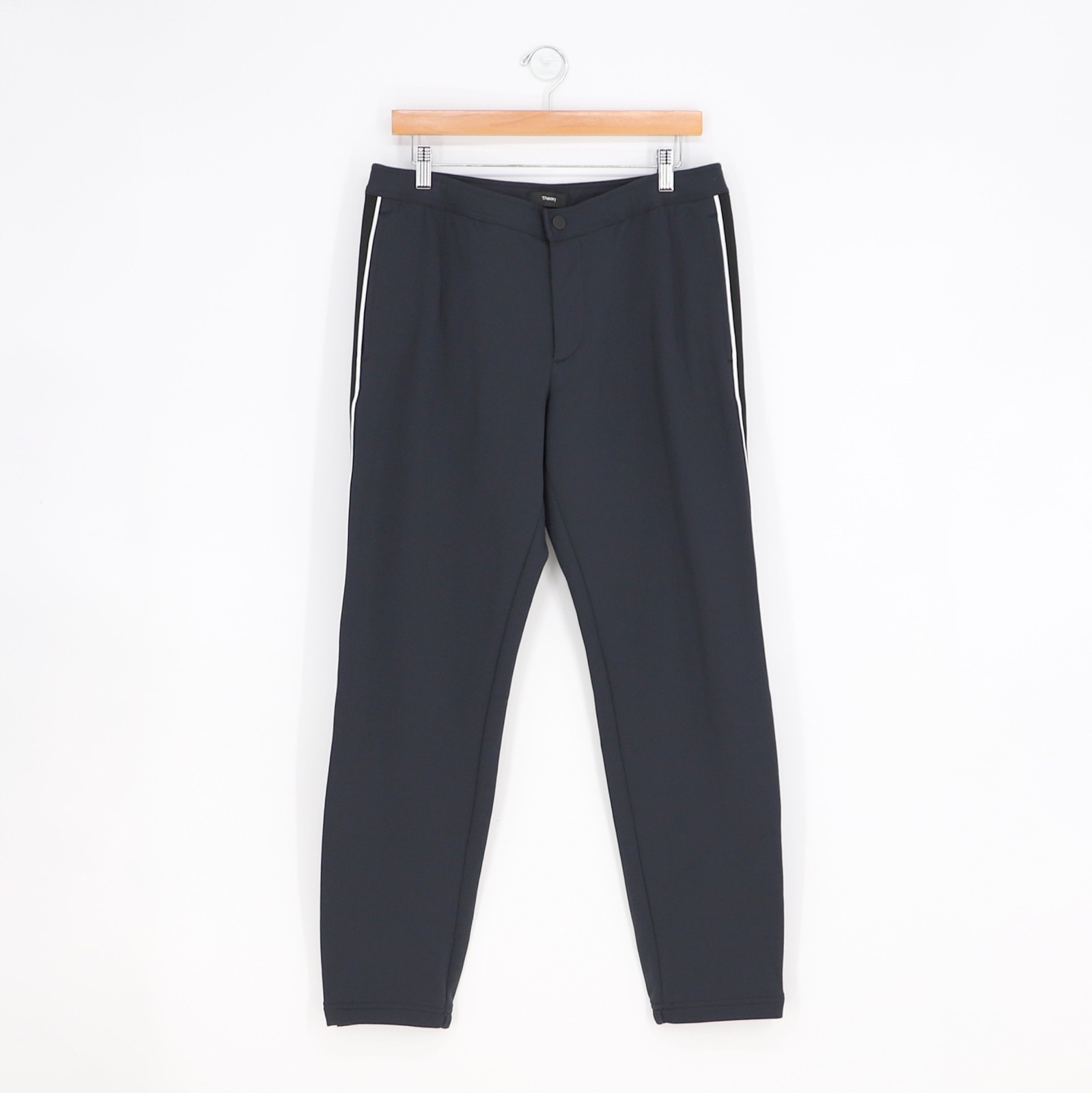 THEORY Men's Curtis Ponte Drawstring Striped Pants in Navy Size M
