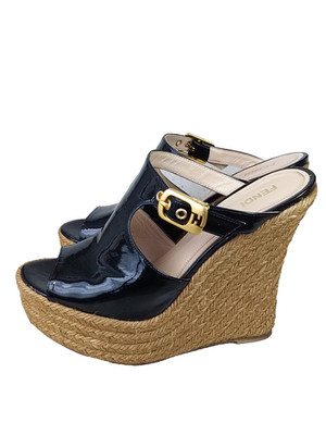 Fendi Mules size 38 Patent Leather Peep-Toes Platform Wedge