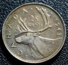 OLD CANADIAN COIN 1943 - 25 CENTS .800 SILVER - King George VI - WWII era