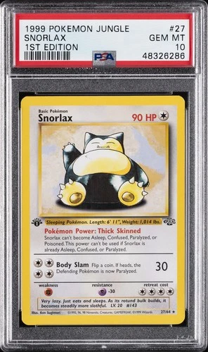 1999 POKEMON JUNGLE 1ST EDITION #27 SNORLAX PSA 10