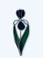 Vintage Pewter Stained Glass Suncatcher Iris Flower Purple Green White 7  