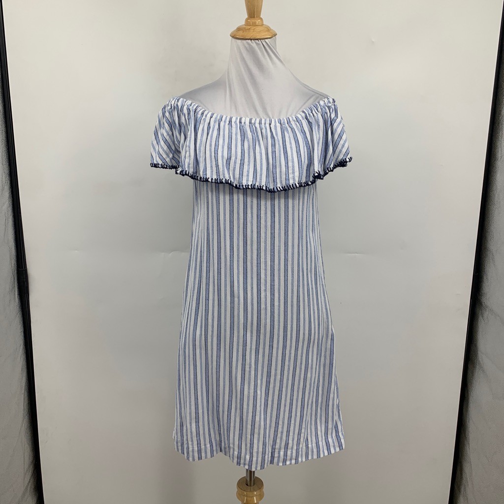 Tommy Bahama Dress Womens XS Extra Small Ticking Stripe Off The Shoulder Pockets View 2