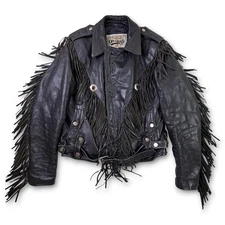 Vintage Open Road Fringed Leather Motorcycle Jacket Size 42 Black Large Concho