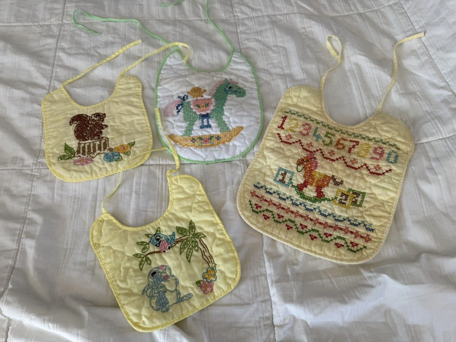 1985 Baby Bibs Hand Embroidered Lot of Four 2 Rocking Horse Bunny Squirrel