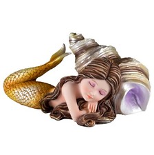 Gold Mermaid Baby Sleeping On Spiral Shell Figurine Resin 5" Long New In Box