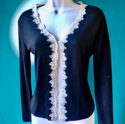 Blugirl Blumarine Black Cardigan Sweater Lace Trim Italian