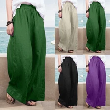 Women's Cotton Linen Wide Leg Pants Casual Culotte Palazzo Loose Trousers Slacks