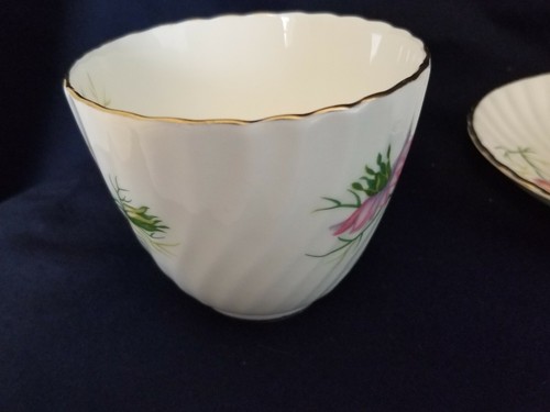 Adderley Tea Cup And Saucer Love In The Mist Pink Flowers Green Gold Rim - Picture 6 of 10
