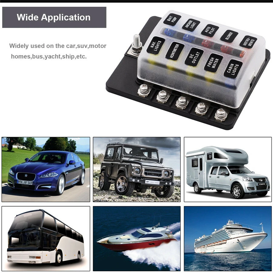 10-Way Blade Fuse Box Block Holder LED Indicator w/ Fuses for 12V 24V Car Marine - Image 2 of 4